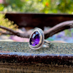 Rose cut trapiche amethyst ring in blackened silver by Mikel Grant Jewellery