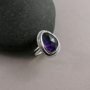 Rose cut trapiche amethyst ring in blackened silver by Mikel Grant Jewellery