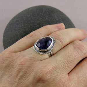 Rose cut trapiche amethyst ring in blackened silver by Mikel Grant Jewellery