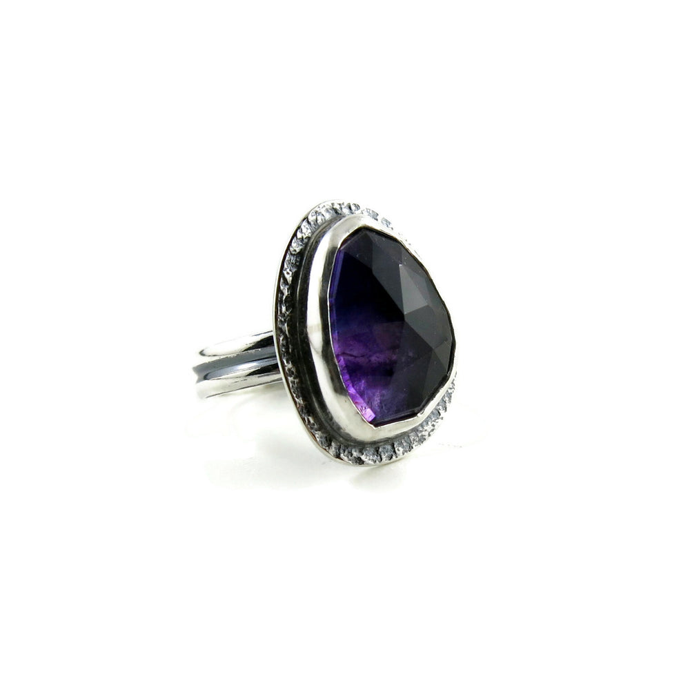 Rose cut trapiche amethyst ring in blackened silver by Mikel Grant Jewellery