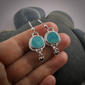 Turquoise love earrings by Mikel Grant Jewellery.  Bezel set turquoise with silver heart dangles.