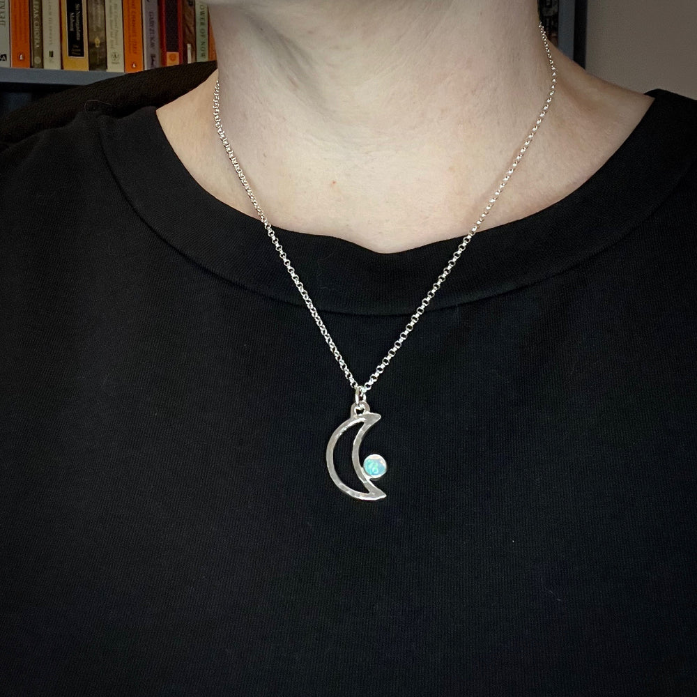 Welo opal crescent moon necklace in sterling silver by Mikel Grant Jewellery