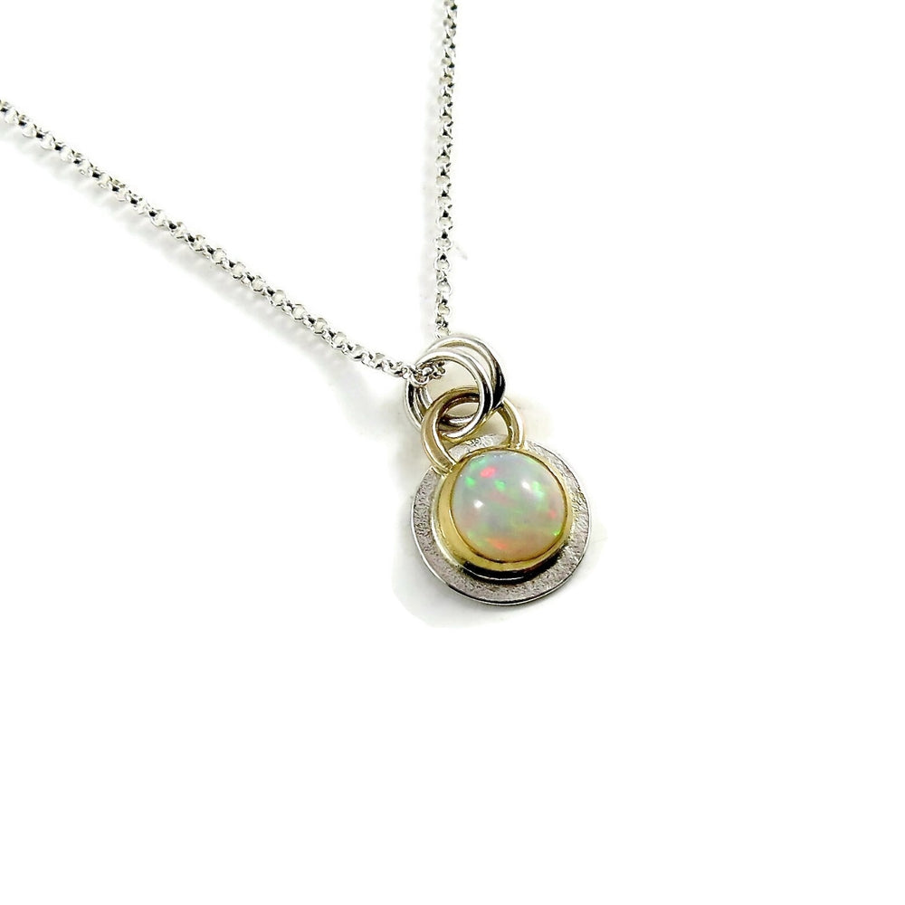 Welo opal necklace in 18K gold and sterling silver by Mikel Grant Jewellery