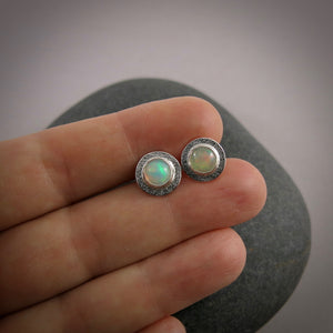 Welo Opal Halo Stud Earrings in Sterling Silver by Mikel Grant Jewellery