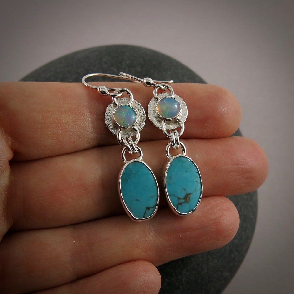 Welo opal and turquoise earrings in sterling silver by Mikel Grant Jewellery