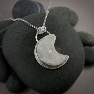 White agate druzy crescent moon necklace in sterling silver by Mikel Grant Jewellery