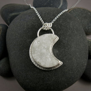 White agate druzy crescent moon necklace in sterling silver by Mikel Grant Jewellery