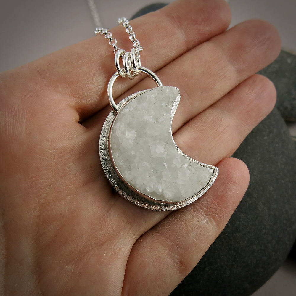 White agate druzy crescent moon necklace in sterling silver by Mikel Grant Jewellery