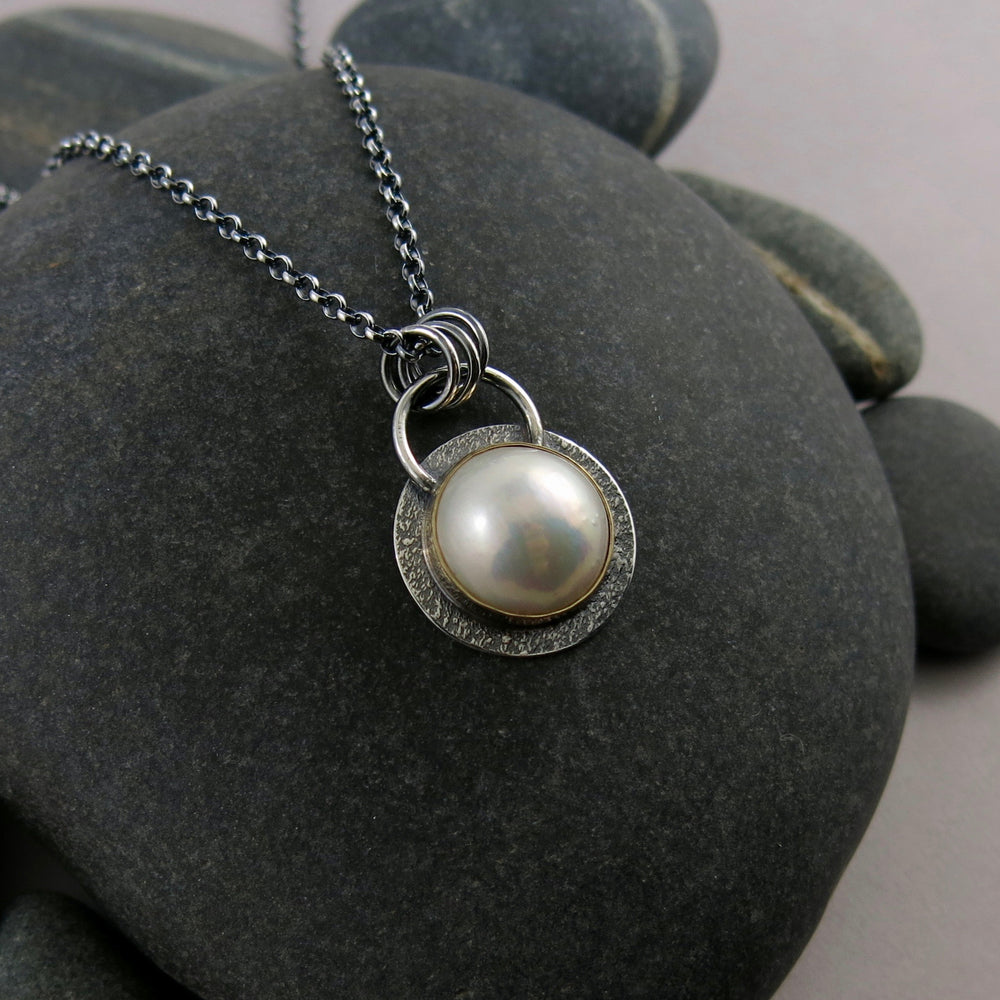 White mabe pearl necklace in oxidized sterling silver and 14K gold by Mikel Grant Jewellery