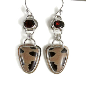 One of a kind Zebra Jasper and Garnet Earrings in Sterling Silver by Mikel Grant Jewellery