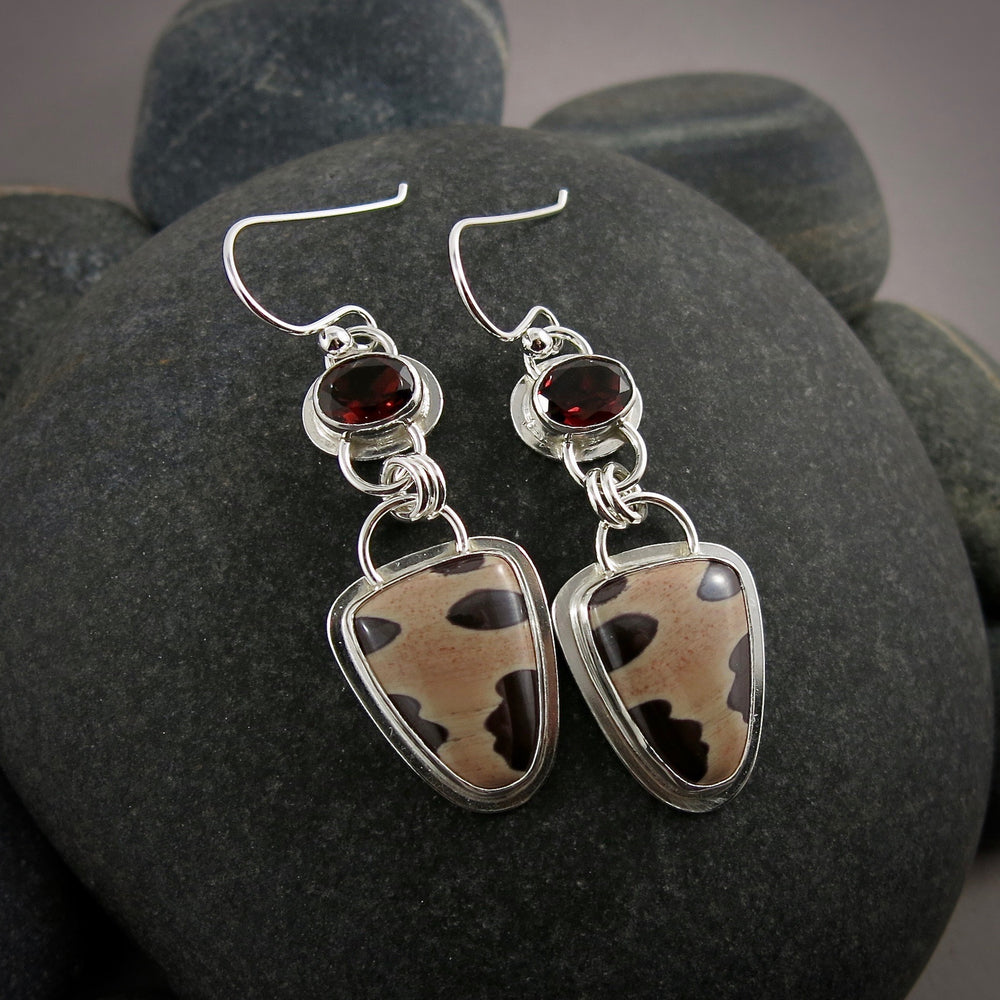 One of a kind Zebra Jasper and Garnet Earrings in Sterling Silver by Mikel Grant Jewellery