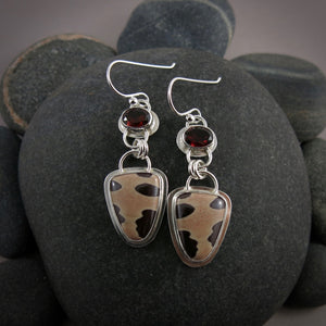 One of a kind Zebra Jasper and Garnet Earrings in Sterling Silver by Mikel Grant Jewellery