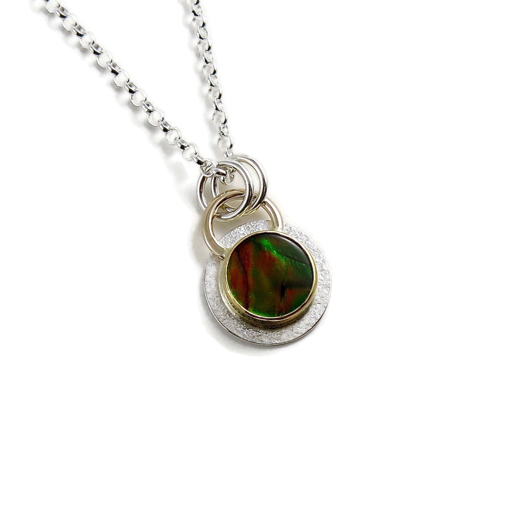 Multicoloured Ammolite Necklace in Sterling Silver, 22K and 14K Gold by Mikel Grant Jewellery