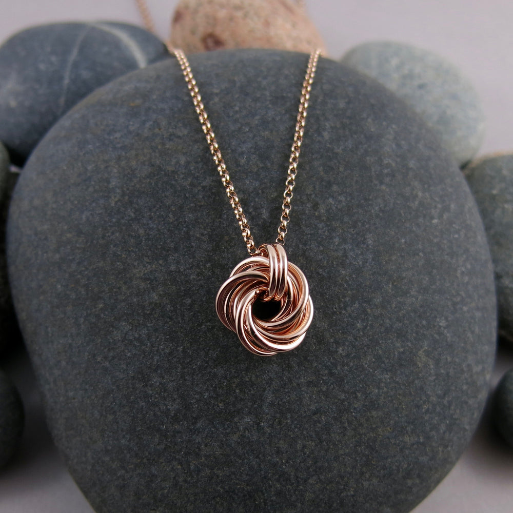 Algerian love knot necklace in 14K rose gold fill by Mikel Grant Jewellery.
