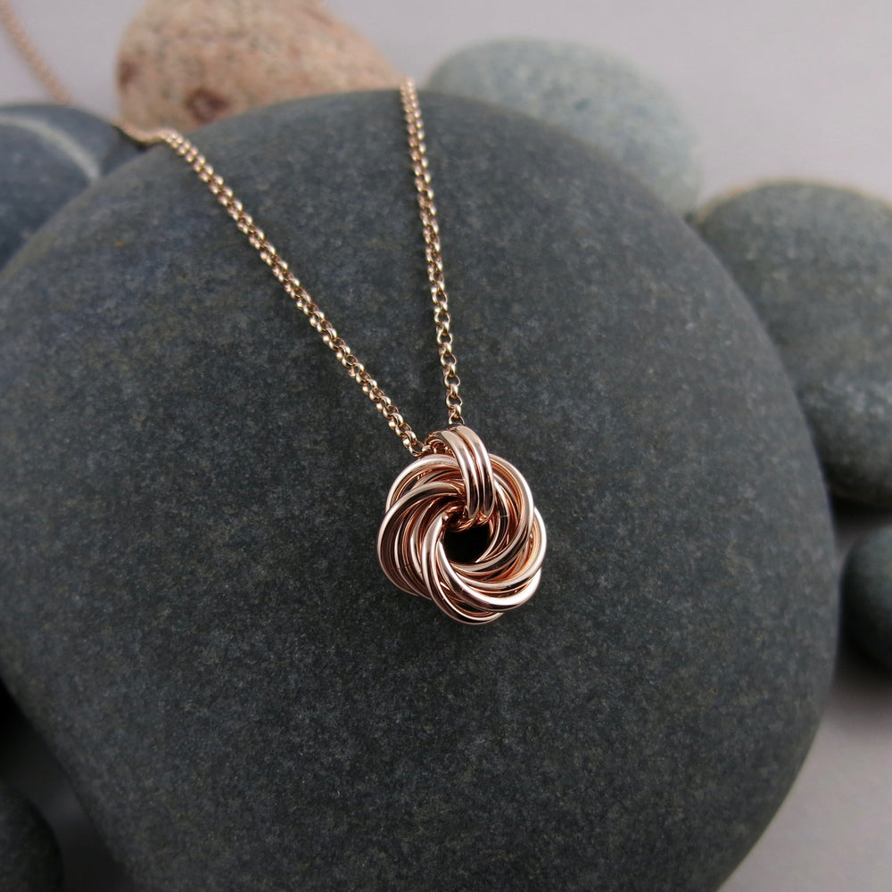 Algerian love knot necklace in 14K rose gold fill by Mikel Grant Jewellery.