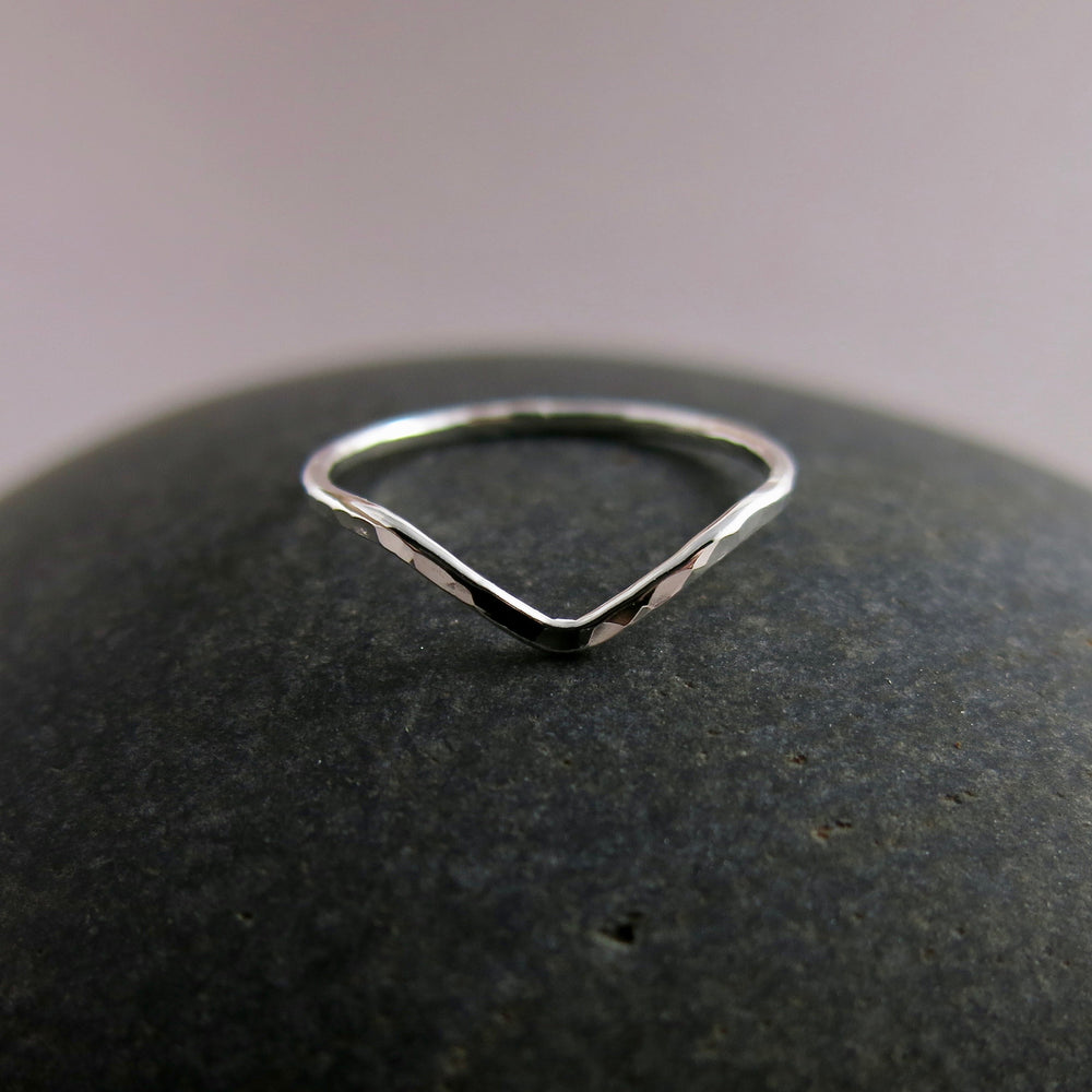 Silver chevron stacking ring by Mikel Grant Jewellery. Hammer textured V ring.