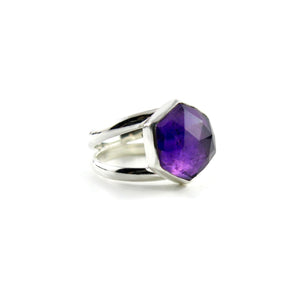Rose Cut Amethyst Hex Ring by Mikel Grant Jewellery. Artisan made silver and rose cut hexagonal amethyst ring.