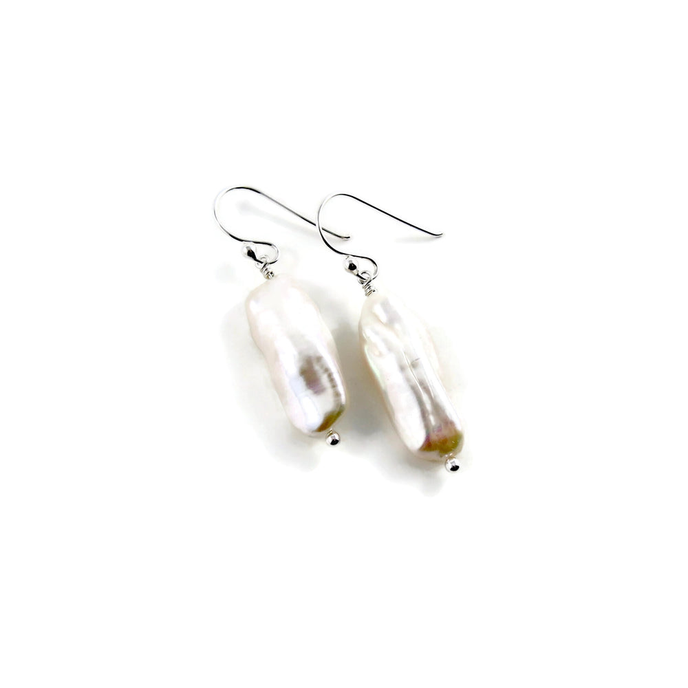 White Biwa Stick Pearl Drop Earrings in Sterling Silver by Mikel Grant Jewellery.
