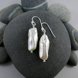 White Biwa Stick Pearl Drop Earrings in Sterling Silver by Mikel Grant Jewellery.