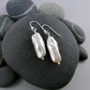 White Biwa Stick Pearl Drop Earrings in Sterling Silver by Mikel Grant Jewellery.