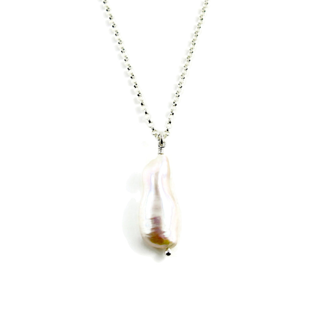 White biwa stick pearl focal necklace in sterling silver by Mikel Grant Jewellery.