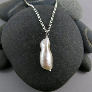 White biwa stick pearl focal necklace in sterling silver by Mikel Grant Jewellery.