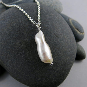 White biwa stick pearl focal necklace in sterling silver by Mikel Grant Jewellery.