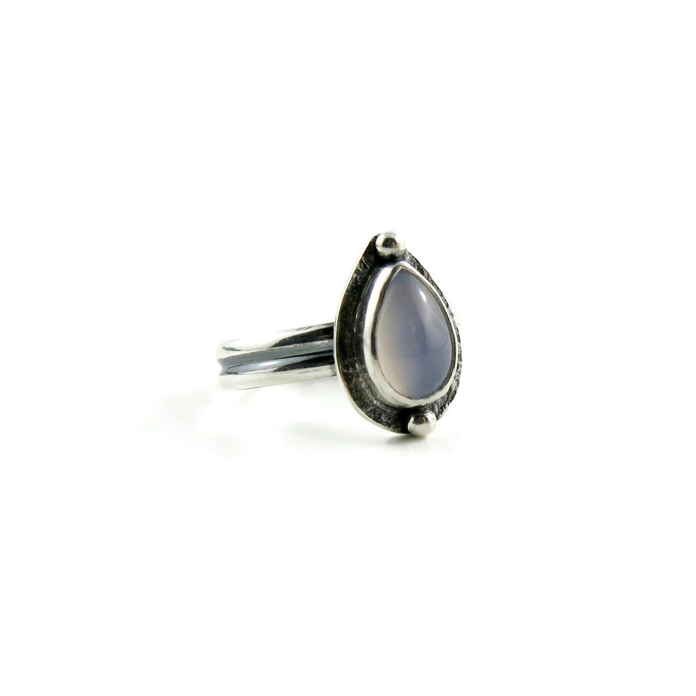 Pear shaped blue chalcedony ring in sterling silver by Mikel Grant Jewellery.