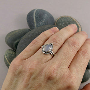 Pear shaped blue chalcedony ring in sterling silver by Mikel Grant Jewellery.