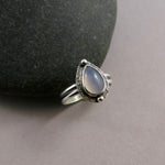 Pear shaped blue chalcedony ring in sterling silver by Mikel Grant Jewellery.