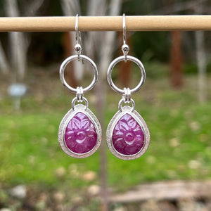 Carved ruby circle drop earrings in sterling silver by Mikel Grant Jewellery.  Viva Magenta Jewellery Collection.