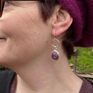 Carved ruby circle drop earrings in sterling silver by Mikel Grant Jewellery. Viva Magenta Jewellery Collection.