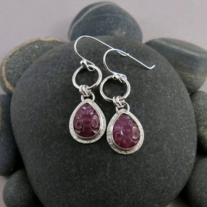 Carved ruby circle drop earrings in sterling silver by Mikel Grant Jewellery. Viva Magenta Jewellery Collection.