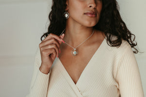White coin pearl necklace in sterling silver by Mikel Grant Jewellery.
