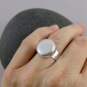 White coin pearl ring in sterling silver by Mikel Grant Jewellery.