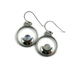 Dream Earrings by Mikel Grant Jewellery. Silver crescent moons with rainbow moonstones.