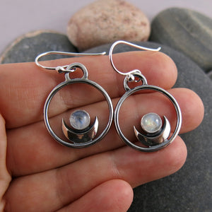 Dream Earrings by Mikel Grant Jewellery. Silver crescent moons with rainbow moonstones.