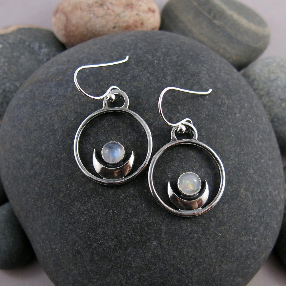 Dream Earrings by Mikel Grant Jewellery. Silver crescent moons with rainbow moonstones.