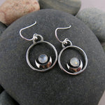 Dream Earrings by Mikel Grant Jewellery.  Silver crescent moons with rainbow moonstones.