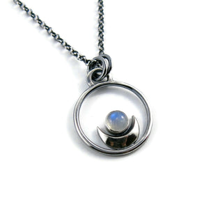 Dream Necklace by Mikel Grant Jewellery. Silver Crescent Moon Cradling a Rainbow Moonstone.