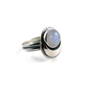 Dream Ring • Silver Crescent Moon and Rainbow Moonstone