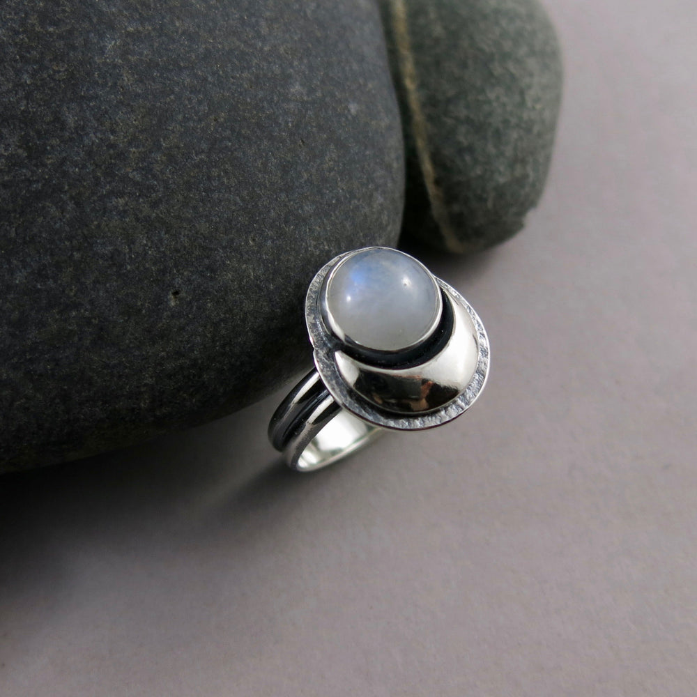 Dream Ring • Silver Crescent Moon and Rainbow Moonstone
