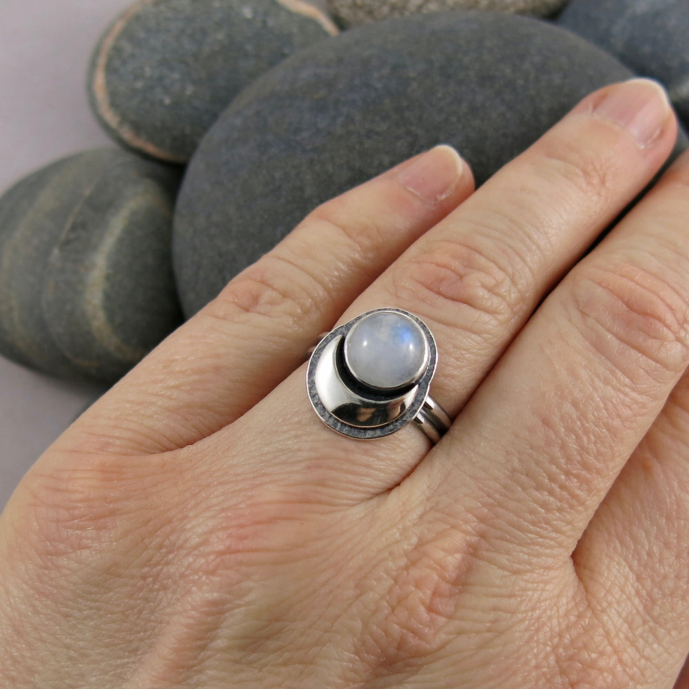 Dream Ring • Silver Crescent Moon and Rainbow Moonstone