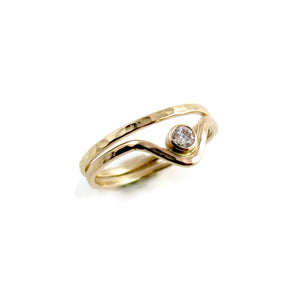 14K gold & diamond chevron ring with coordinating skinny gold hammered band by Mikel Grant Jewellery.