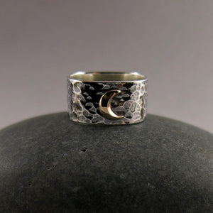 Dream Ring • 14K Gold Crescent Moon on a Wide Oxidized Hammer Textured Sterling Silver Band