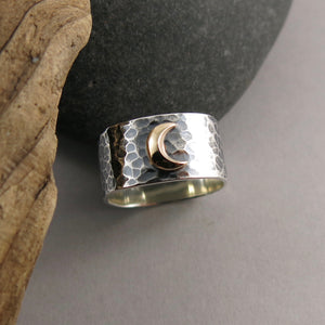 Dream Ring • 14K Gold Crescent Moon on a Wide Oxidized Hammer Textured Sterling Silver Band