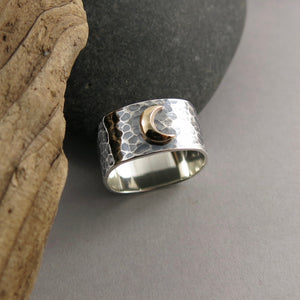 Dream Ring • 14K Gold Crescent Moon on a Wide Oxidized Hammer Textured Sterling Silver Band