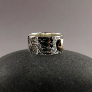Dream Ring • 14K Gold Crescent Moon on a Wide Oxidized Hammer Textured Sterling Silver Band