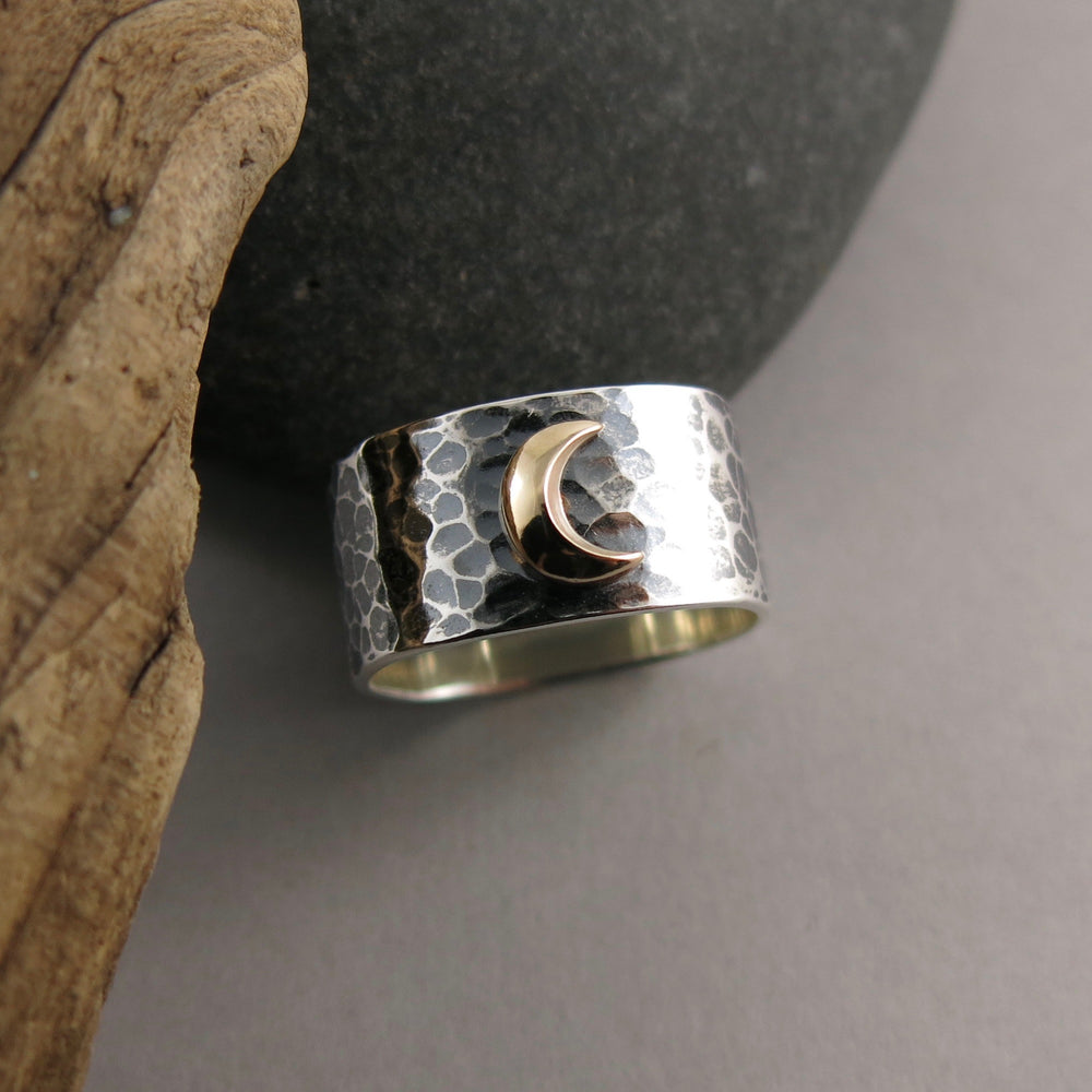 Dream Ring • 14K Gold Crescent Moon on a Wide Oxidized Hammer Textured Sterling Silver Band