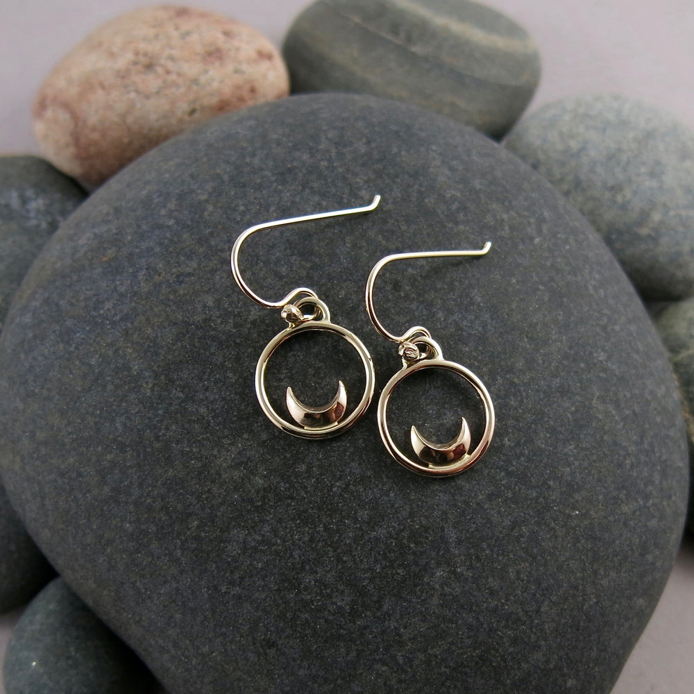 Gold dream earrings by Mikel Grant Jewellery. Solid 14K gold crescent moon earrings.